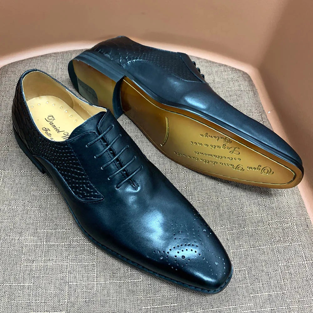 Luxury Men's Genuine Leather Oxford Shoes Snake Skin Print Black/Purple Lace-Up Square Toe Formal Dress Shoes
