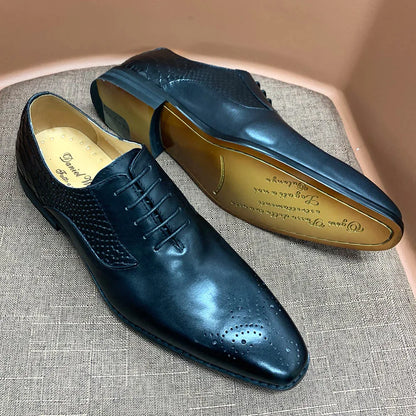 Luxury Men's Genuine Leather Oxford Shoes Snake Skin Print Black/Purple Lace-Up Square Toe Formal Dress Shoes