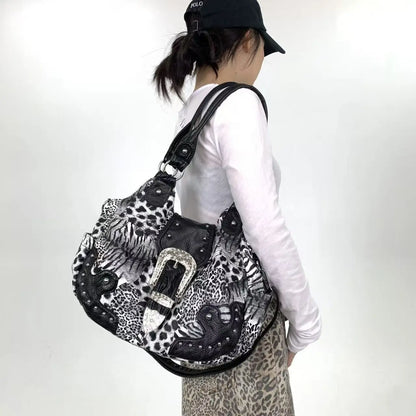 Y2K street personality spicy girl leopard print patchwork tote bag with multiple pockets and rivets retro crossbody handbag