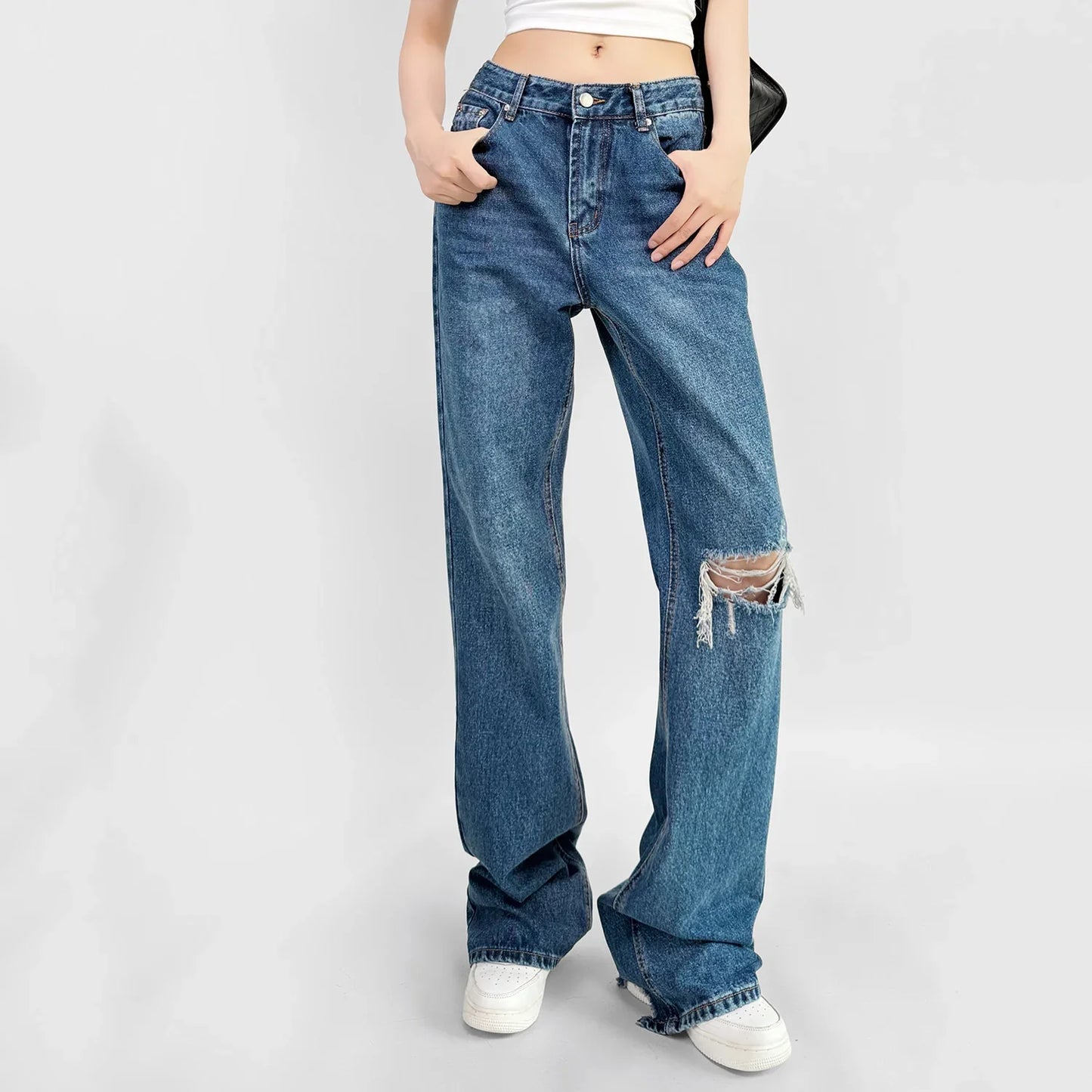 High‑Waist Straight‑Leg Distressed Jeans