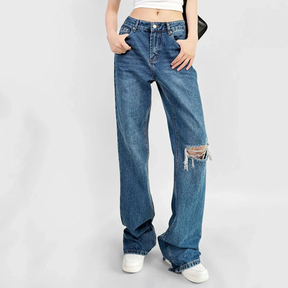 High‑Waist Straight‑Leg Distressed Jeans