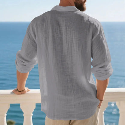 Linen shirt stand-up collar button-down men's loose casual breathable V-neck long-sleeved polo shirt