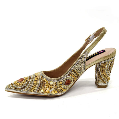 2025 Moda Mais Recente Chegada Laranja Ponta Fina Sandálias Femininas Sapatos com Bolsa Conjunto para Senhoras Festa de Casamento Salto