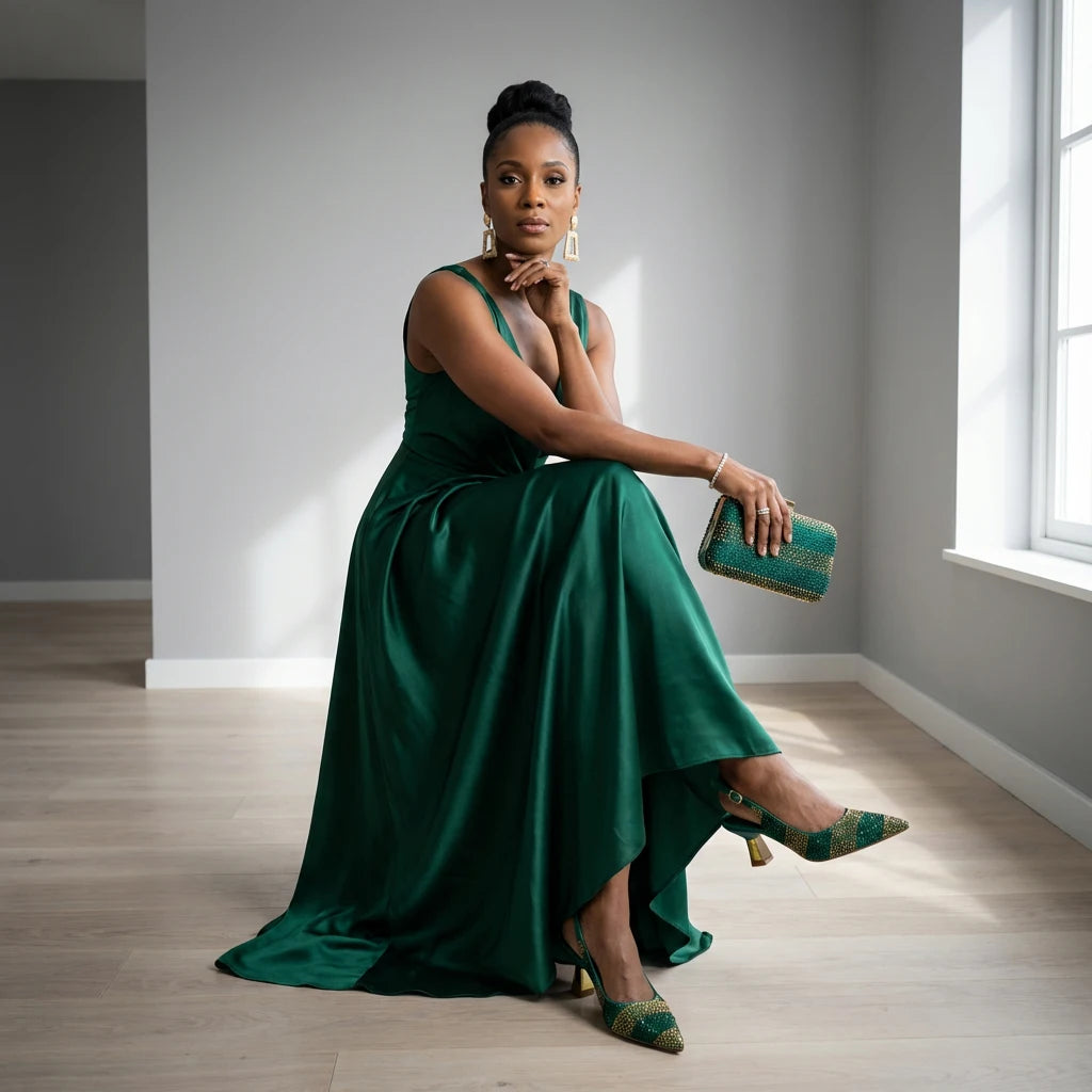 Nigerian Women Heel Ladies Italian Luxury Design Green Shoes And Bag Set Decorated with Rhinestone Handbag Wedding Party