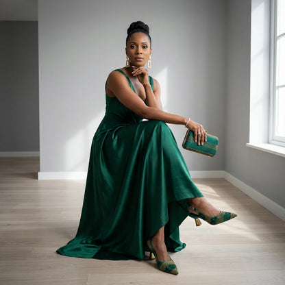 Nigerian Women Heel Ladies Italian Luxury Design Green Shoes And Bag Set Decorated with Rhinestone Handbag Wedding Party