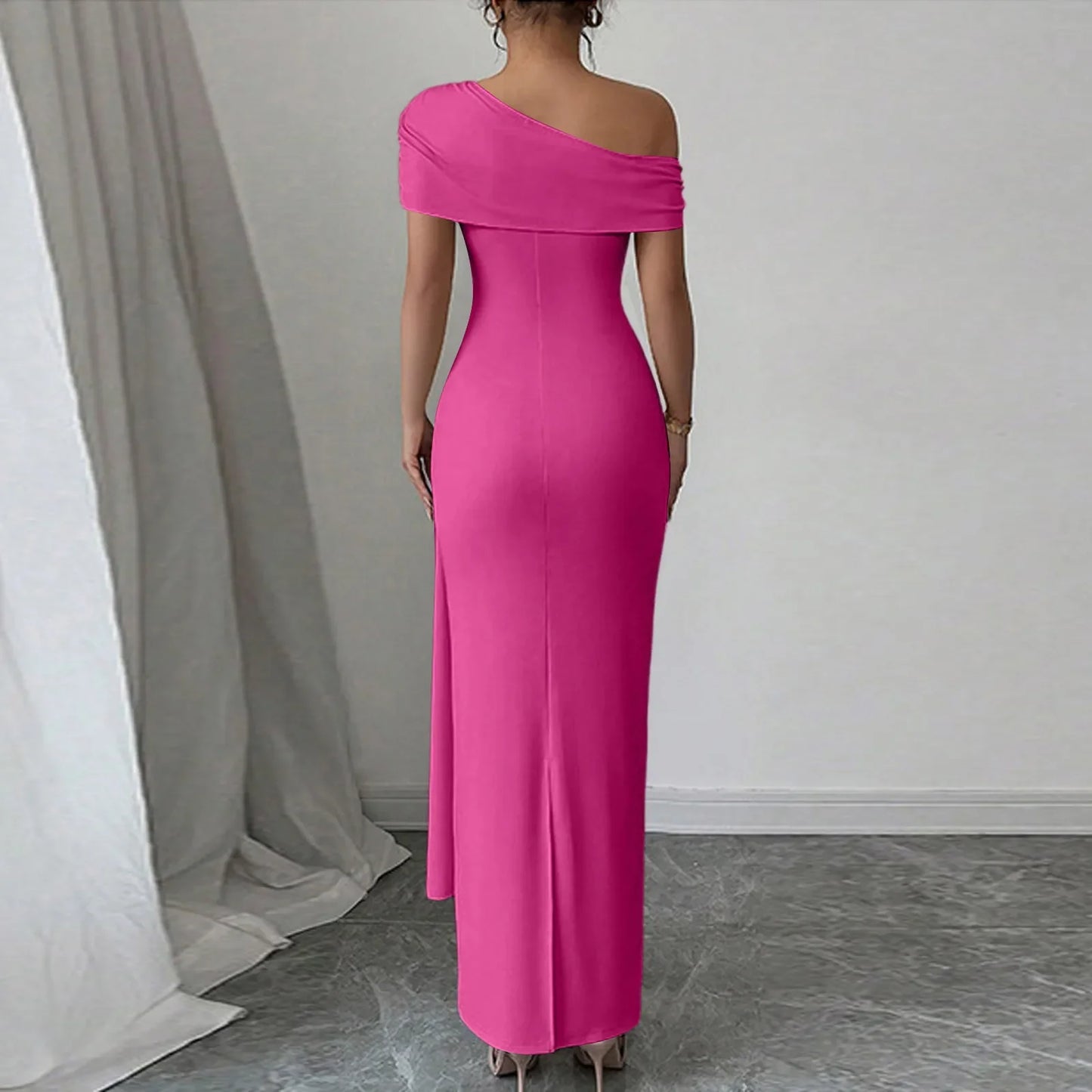 Vestidos Longos de Festa Sensuais para Mulheres, Vestido de Cor Sólida sem Mangas com Decote Diagonal, Vestido Maxi Plissado Justo, Vestido Bodycon Moderno