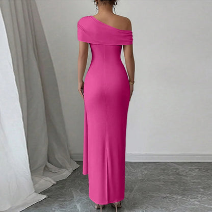Vestidos Longos de Festa Sensuais para Mulheres, Vestido de Cor Sólida sem Mangas com Decote Diagonal, Vestido Maxi Plissado Justo, Vestido Bodycon Moderno