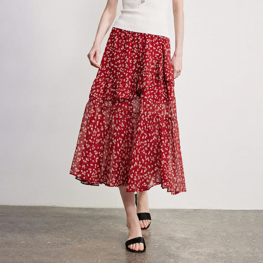 Women Chiffon Skirt 2026 Spring New Country Style Light and Flowing Floral Print Layered Ruffled Skirt