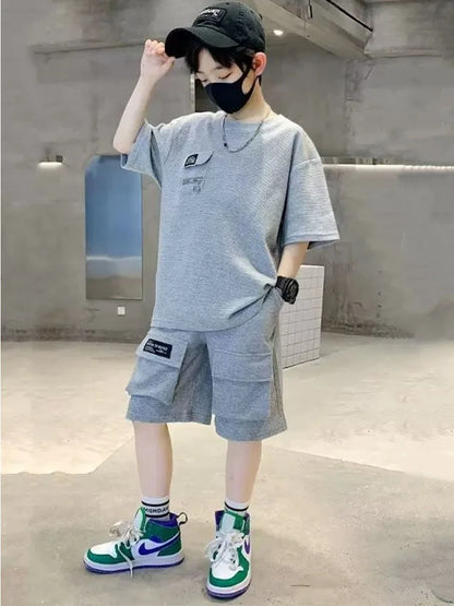 Summer Kids Boys T-Shirt+Shorts 2-Piece Set Letter Printing New Children Teen Loose Comfortable Sports Casual Clothes For 4-14 Y