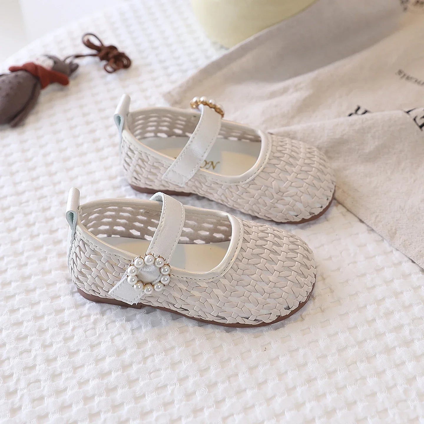 Spring Girl's Sandals Braided Pearl Hook-loop Chic Kid's Flat Shoe Solid Colors Anti-slip Casual Versatile Children Shoes 4-6Y