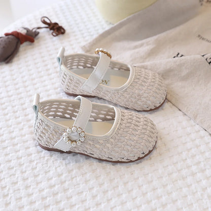 Spring Girl's Sandals Braided Pearl Hook-loop Chic Kid's Flat Shoe Solid Colors Anti-slip Casual Versatile Children Shoes 4-6Y