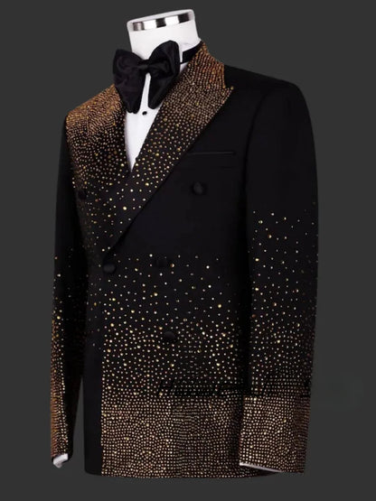 Conjuntos Masculinos Elegantes de 2 Peças Ternos com Contas Douradas Ajuste Slim Lapela Personalizada para Noivos Festa de Casamento Smoking Roupas da Moda Masculina