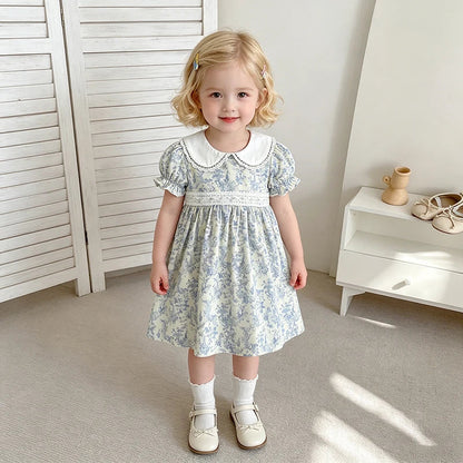 2026 Novo Vestido de Verão para Meninas Crianças 2-6 Anos Vestido de Manga Curta Bufante Estampa Floral Gola Franzida Algodão Doce