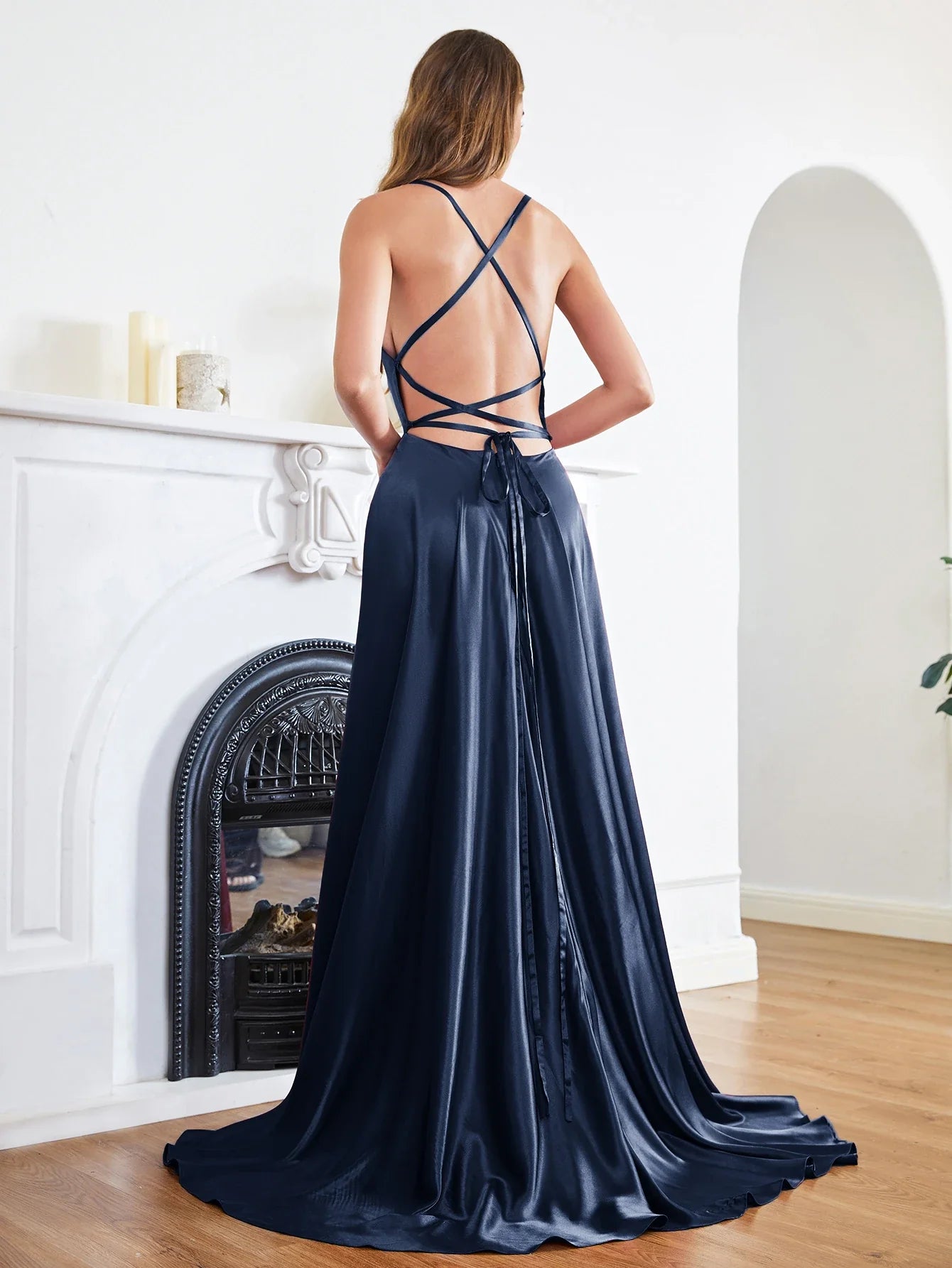 Women Sexy Prom Dresses Lace-Up Spaghetti Straps Backless Sling Evening Dress Satin A-Line High Split Maxi Train Party Gowns