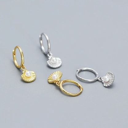 925 Sterling Silver Romantic Sea Shell Pendant Synthetic Pearl Drop Earrings for Women Trendy Beach Bohemian Part Jewelry