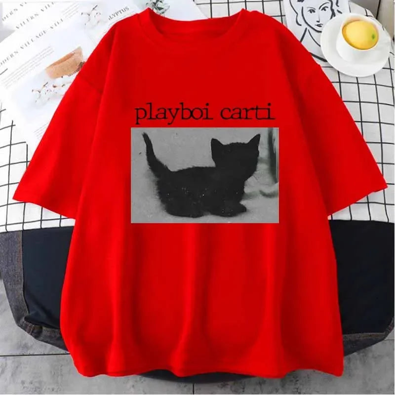 Summer Playboi Carti Hip-Hop T Shirt Cute Cat Harajuku Print Tee Regular Men's Clothing Tops Quality Rapper 2026 New T Shirt
