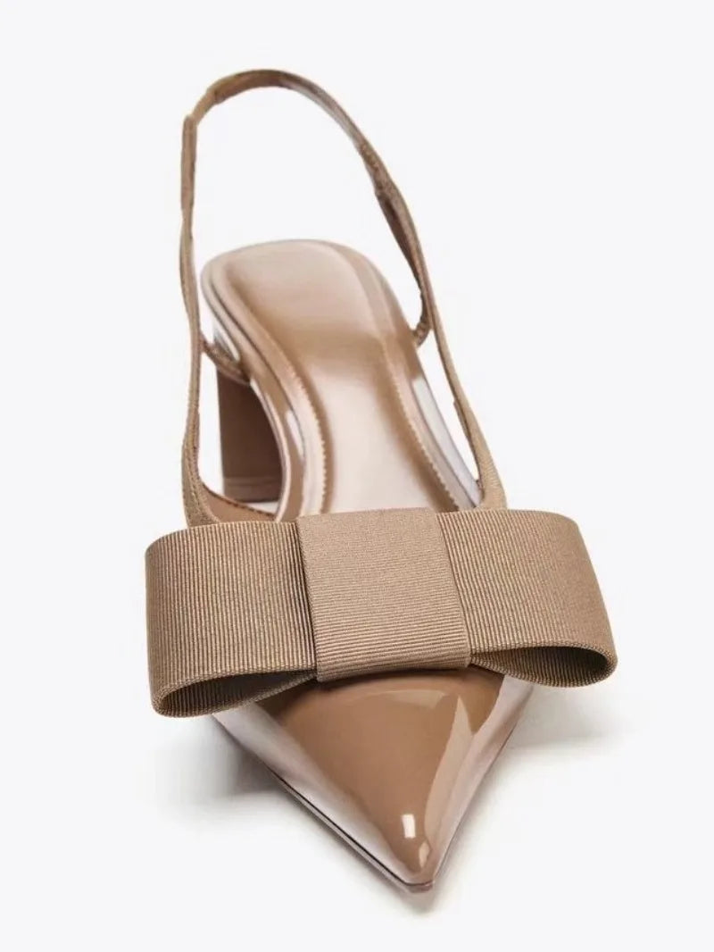 2026 Patent Leather Pointed Toe Heeled Sandals Women Elegant Bow Decoration Chunky Heel Pumps Luxury Designer Heels for Ladies