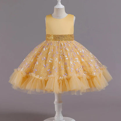 New Baby Kids Girls Elegant Printed Butterfly Flower Princess Party Tutu Dresses Children Sequins Wedding Evening Girl Clothes