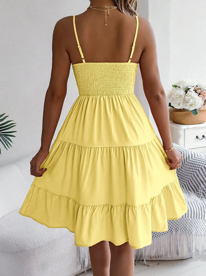 Casual Vacation Ruffled Camisole Dress Spring Summer Women's Solid Dresses for 2026 Valentine's Day Woman Clothing Pink Blue