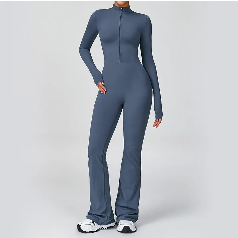 VITALINOVO Women Long Sleeve Flare Workout Jumpsuit Zip Up Romper Bottom Pants Wide Leg Full Length Bodysuit Bodycon One Piece