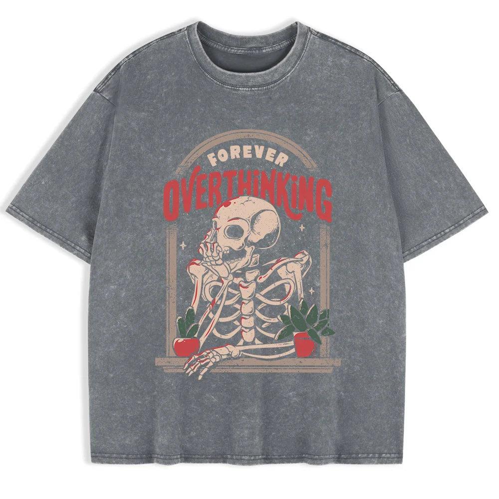 Casual Women'S Cotton Washed T-Shirts Skeleton Man On The Balcony Printing Tops Oversize O-Neck Soft Short Sleeve Female Clothes