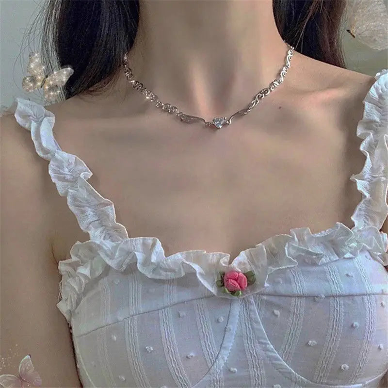 Heart Shape Pendant Necklaces Silver Color 5A Cubic Zirconia Minimalist Style Clavicle Chain Women And Girl Jewelry