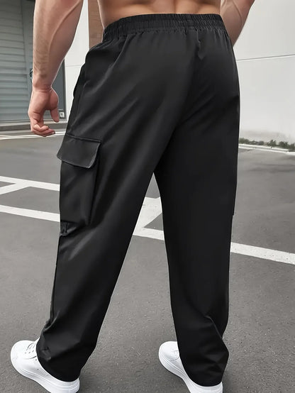 Men Lightweight Cargo Pants with Drawstring Elastic Waist Multiple Zipper Pockets Large Side Pockets Breathable Regular Fit
