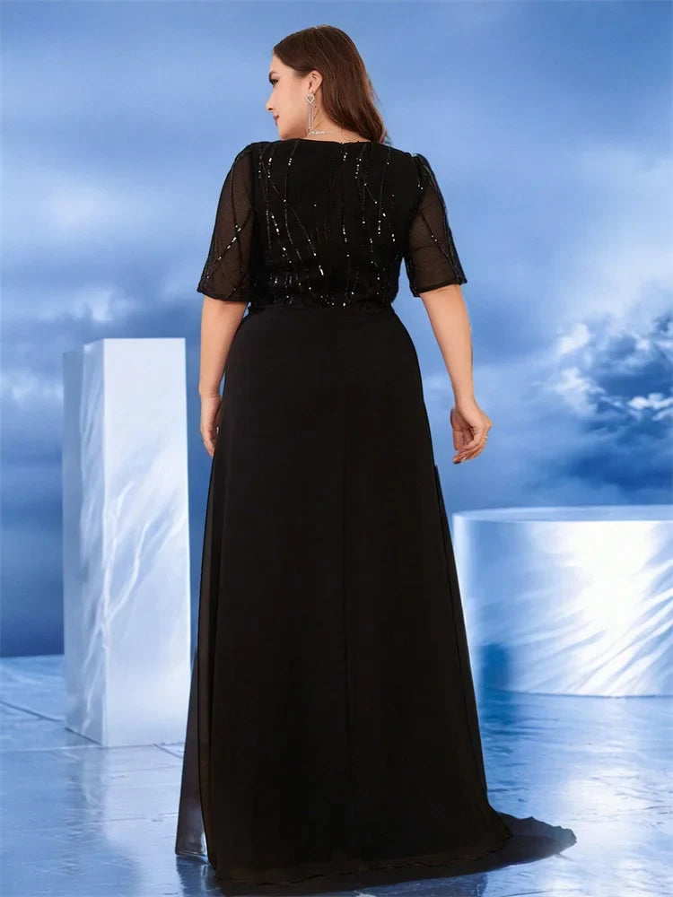 Elegant Short Sleeves Sequin Formal Evening Dress 2025 Women Chiffon Black Mermaid Bridesmaid Party Graduation Gowns