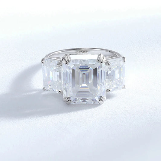 12cttw Emerald Cut Full Moissanite Engagement Ring for Women 3 Stones Sterling Silver 925 Wedding Band with Certificate