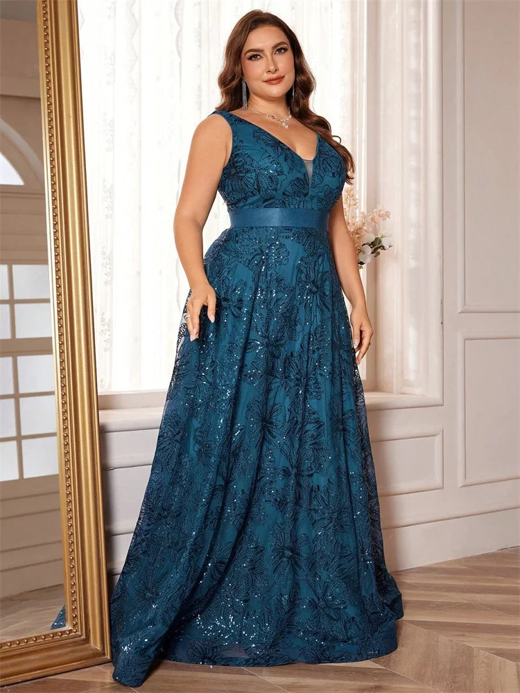 Plus Size Luxury V-Neck Black Sequins Evening Dresses Women Elegant V-back Wedding Party Long Prom Cocktail Gowns