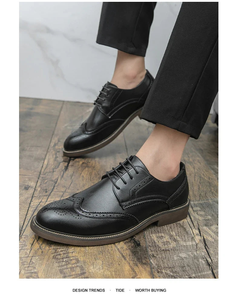 Retro leather shoes - men's brook engraved lace-up British business formal soft-soled fashionable casual trendy shoes