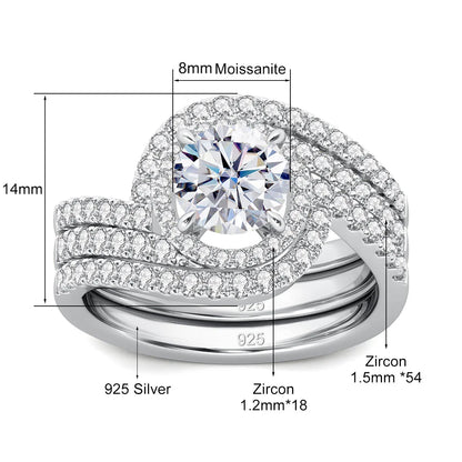 Luxury 3Pcs Set Full Moissanite Bridal Ring Set 925 Sterling Silver Engagement Ring for Women Wedding & Proposal Gift