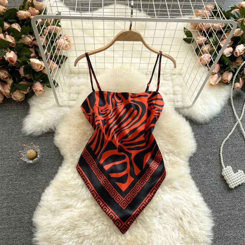 Women Sexy Backless asymmetrical lace-up Camis Print Tank Top Chic One-piece Corset Bustier Summer Beach vacation Crop Top