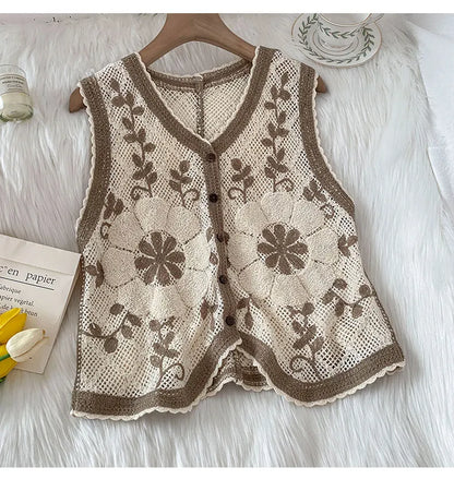 Floral Crochet Vest for Women Openwork Button Front Sleeveless Jacket Waistcoat Bohemian Summer Beach Vacation Outfit