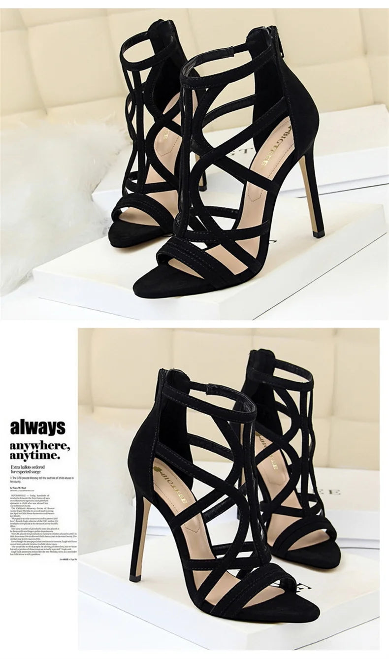 Women Roman Style Thin High Heels Pumps Pointed Toe Suede Hollow Strap Party Shoes Solid Ankle Zip Summer Sandals