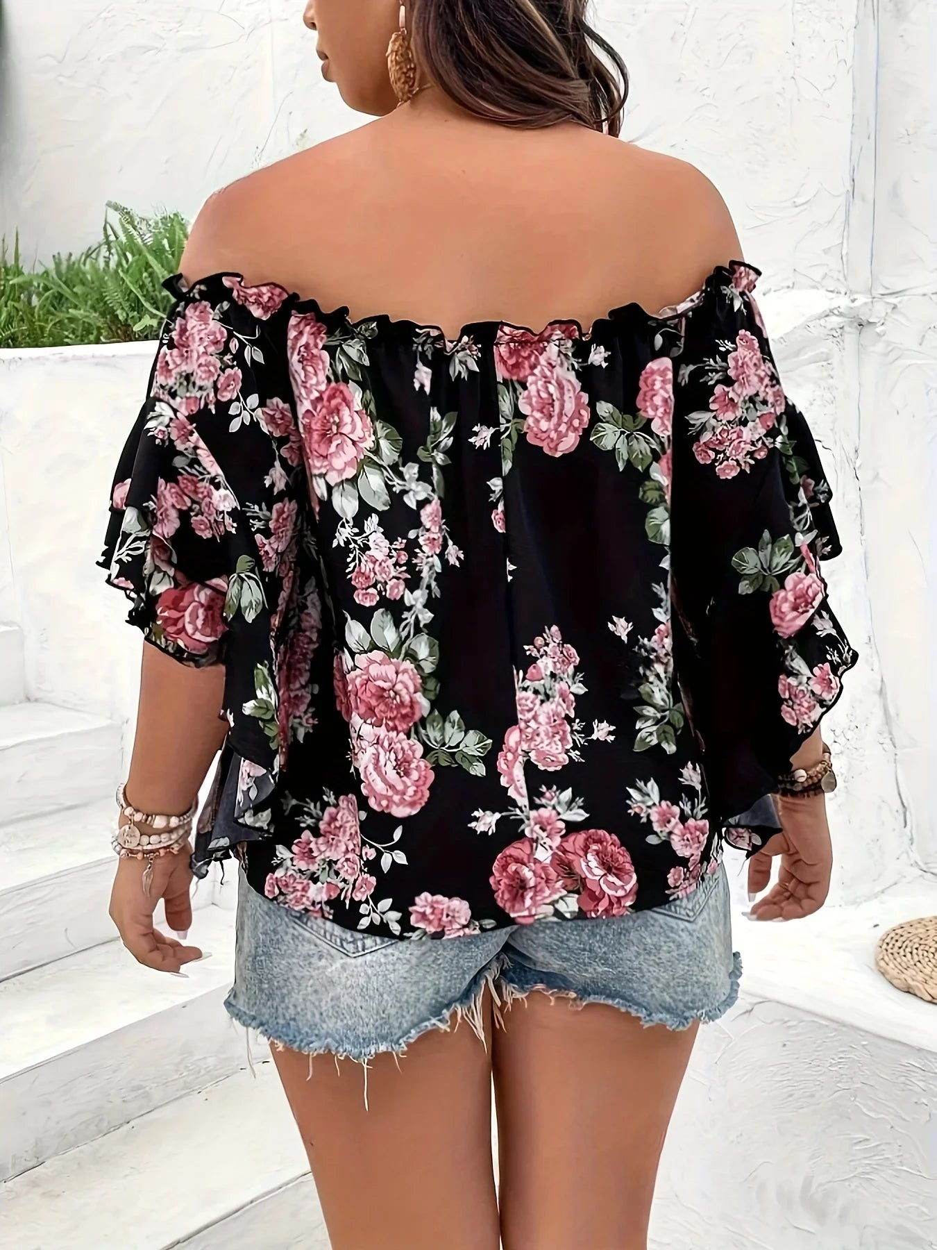 Plus Size Summer Women Elegant Chiffon Shirt Floral Print Off the Shoulder Tops Ruffle Sleeve Curve Clothing