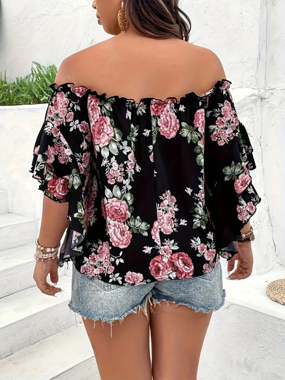 Plus Size Summer Women Elegant Chiffon Shirt Floral Print Off the Shoulder Tops Ruffle Sleeve Curve Clothing