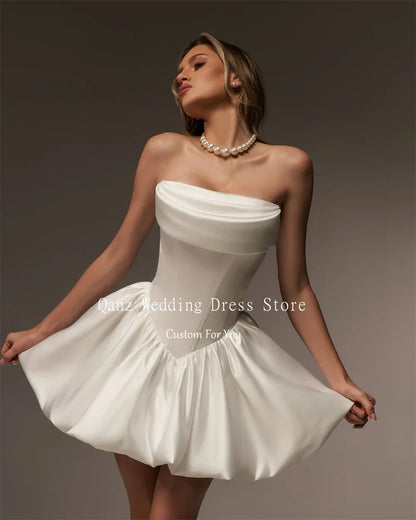 Vintage Satin Wedding Party Dresses Strapless Short A Line Ivory Lace Up Back Vestidos Para Mujer Bridal Gowns Customized