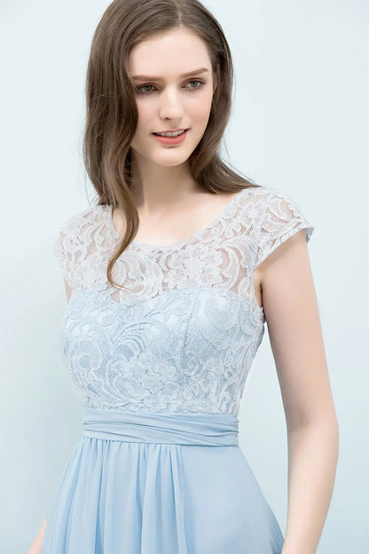 Light Blue Chiffon Long Bridesmaid Dresses Women 2024 Elegant Cap Sleeve Lace Formal Party Gowns Evening Prom