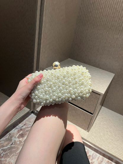 Fashion Elegant Women White Beige Luxury Special Crystals Beaded Pearl Evening Clutch Bags Wedding Party Handbag Beaded