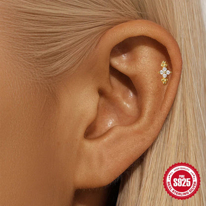 1PC Four Pointed Star Moon Tassel Lotus Cartilage Spiral Puncture 925 Sterling Silver Stud Earring For Women Ins Earring