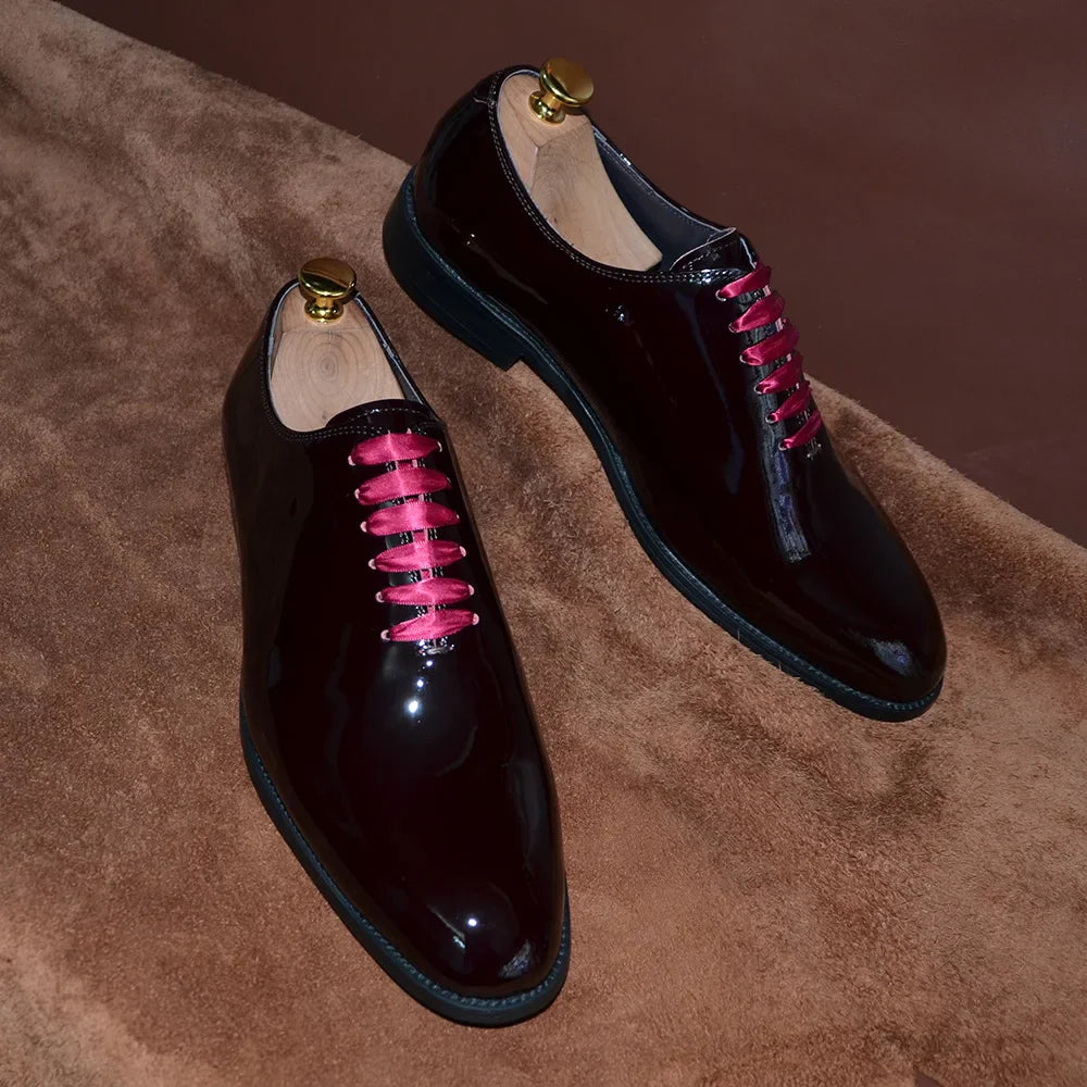 Luxury Men's Dress Shoes Burgundy Smooth Patent Leather Italian Whole Cut Plain Toe Oxford Lace-Up Wedding Party Formal Shoes