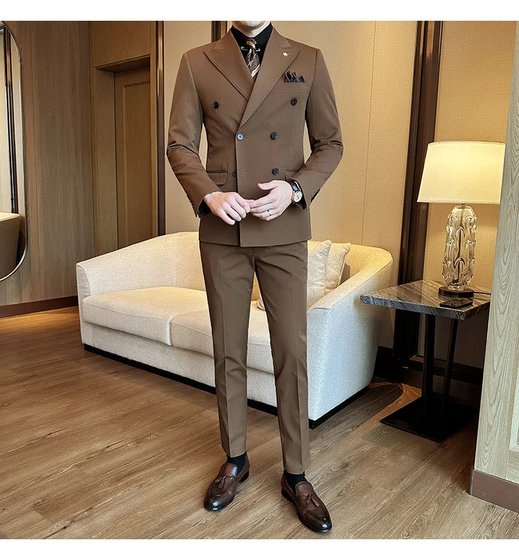 (Jackets+Pants) Luxury Double Breasted Design Slim Fit Suit High Quality Fashion Men's Wedding Social Suit Tuxedo 2 Piece Set