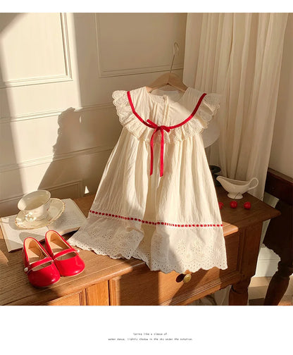 Kid Girl Exquisite Dress Ruffled Lace Collar Trimmed in Red Ribbon Red Dotted Lace Cut Out Embroidery on The Skirt for Children