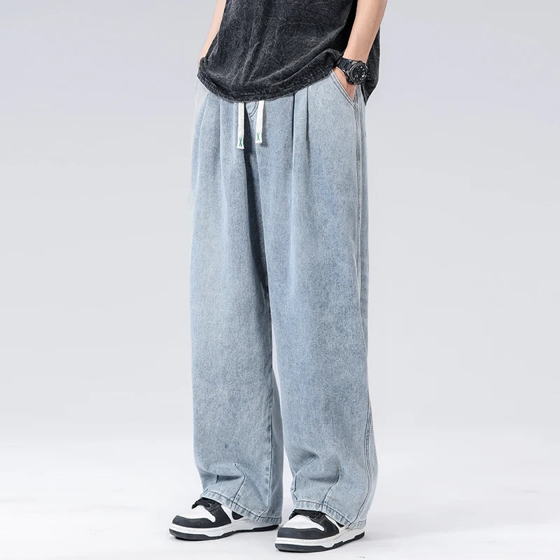 New Men's Elastic Waist Jeans Loose Wide Leg Casual Straight Long Trousers Comfortable Stretch Denim Pants Trendy Brand