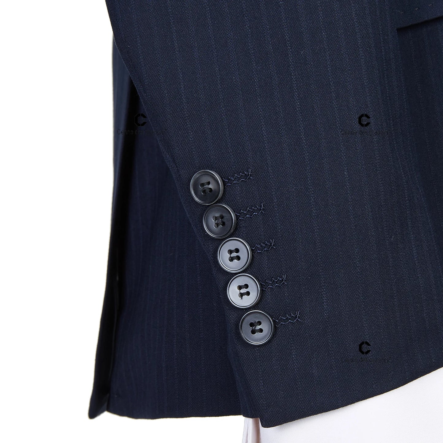 Dark Blue Pinstripe 3 Piece Classic Men Suits Blazer Vest Pants Peak Lapel Formal Business Prom Wedding Dress