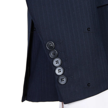 Dark Blue Pinstripe 3 Piece Classic Men Suits Blazer Vest Pants Peak Lapel Formal Business Prom Wedding Dress