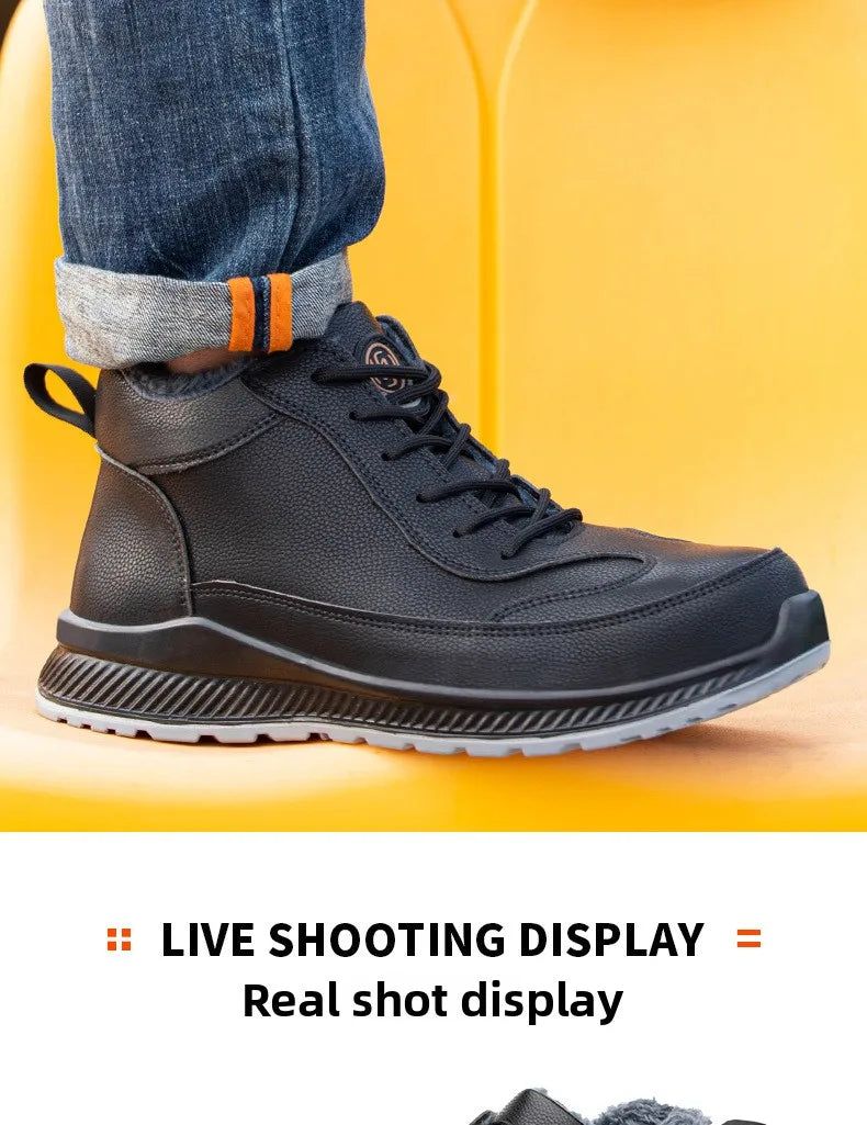 Plush Labor Protection Shoes for Winter Work Shoes Men's Anti Smashing Anti Piercing Microfiber Leather Work Cotton Safety Shoes