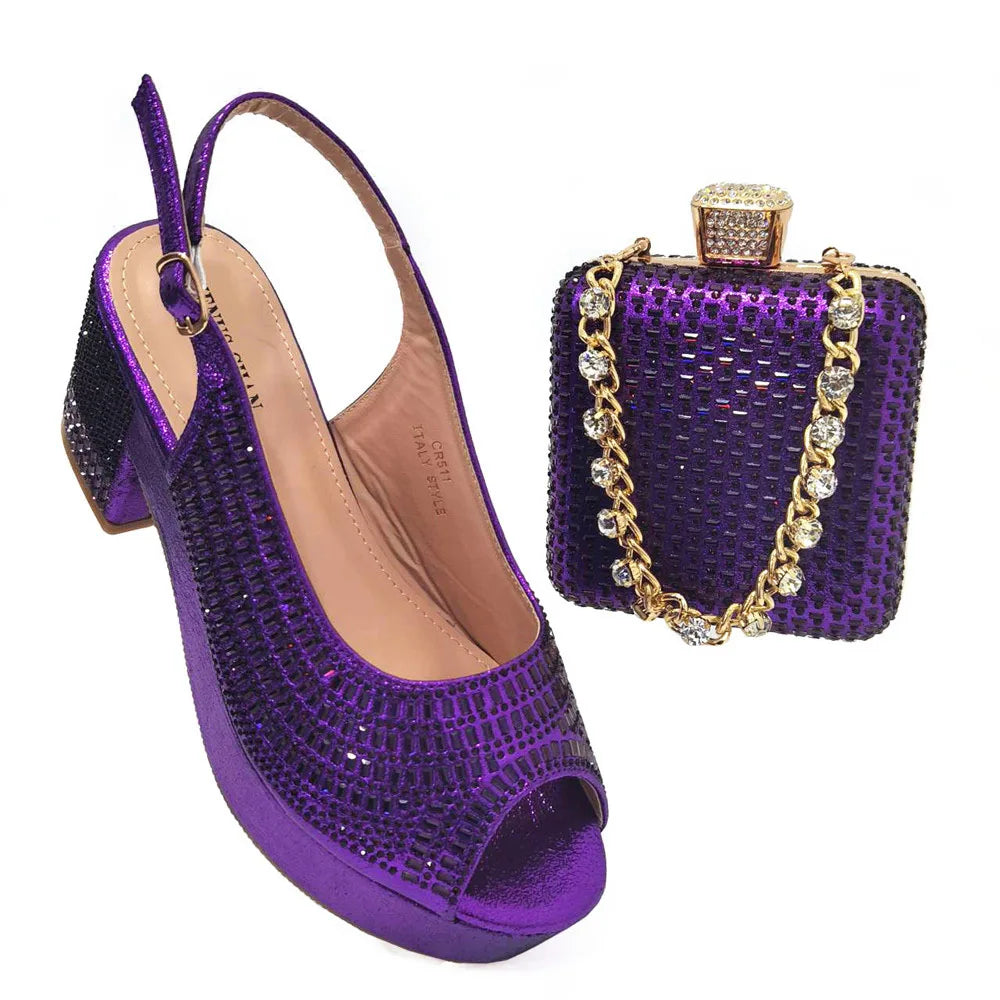Wedding Shoes for Women Bride Platform Heels Italian Full Drill Design Elegant Shoes and Bags Matching Set
