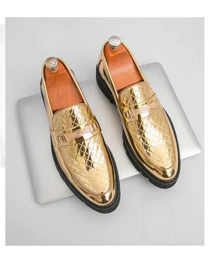 British Style Gold Luxury Loafers For Man Leather Shoes Design Pointed Toe Men's Dress Shoes Casual Wedding Formal Shoes Men